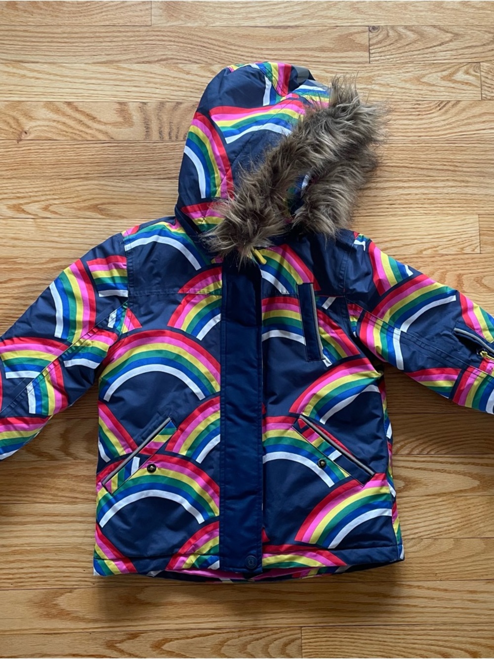 MINI BODEN All weather Rainbow Print Kids Winter Jacket with Faux Fur Hood